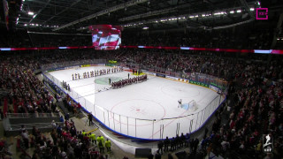 Pasaules hokeja čempionāta spēle Čehija - Latvija. Skan Latvijas himna uzvarētājiem