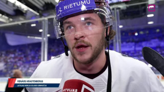 Pasaules hokeja čempionāta spēle Latvija - ASV. Intervija ar Renāru Krastenbergu pēc 2. trešdaļas