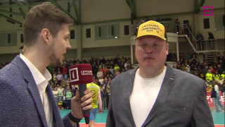 Latvijas volejbola čempionāta finālsērijas spēle "Jēkabpils Lūši" - "Ezerzeme/DU". Intervija ar Mārci Obrumanu pēc spēles