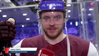 Pasaules hokeja čempionāta spēle Latvija - Zviedrija. Intervija ar Kārli Čuksti pēc 2. trešdaļas
