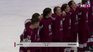 Latvija-Dānija. Pēc U-20 pasaules hokeja čempionāta spēles skan Latvijas himna