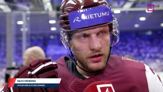 Pasaules hokeja čempionāta spēle Slovākija - Latvija. Intervija ar Ralfu Freibergu pēc 1. trešdaļas