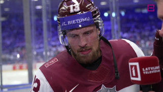 Pasaules hokeja čempionāta spēle Latvija - Francija. Intervija ar Rihardu Bukartu pēc 2. trešdaļas