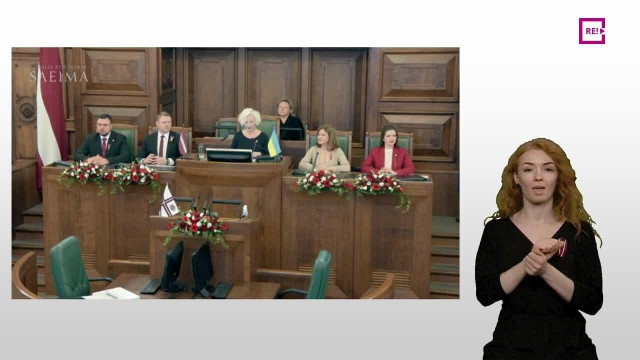 (Zīmju valodā). Latvijas Republikas proklamēšanas 105.gadadiena. Saeimas svinīgā sēde