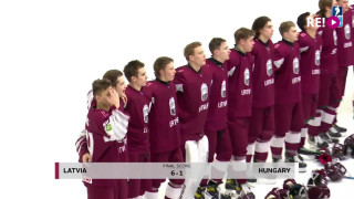 Latvija-Ungārija. Pēc U-20 pasaules hokeja čempionāta spēles skan Latvijas himna