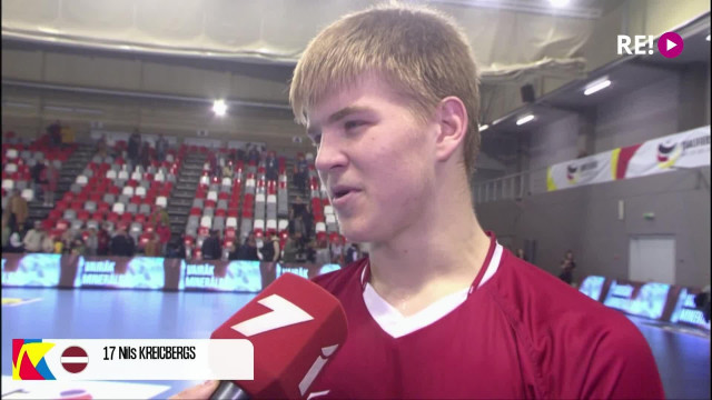Eiropas handbola čempionāta kvalifikācijas spēle Latvija - Polija. Intervija ar Valdi Kalniņu