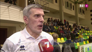 Latvijas volejbola čempionāta 1. finālspēle. Intervija ar komandu treneriem pirms spēles