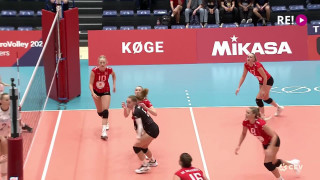 Dānija - Latvija. Eiropas volejbola čempionāta sievietēm kvalifikācijas spēles 1.seta epizodes