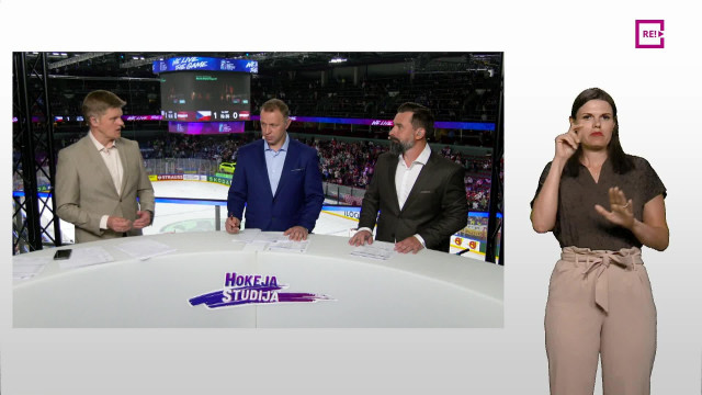 Pasaules hokeja čempionāta spēle Čehija - Latvija. Studija pēc 1.perioda zīmju valodā